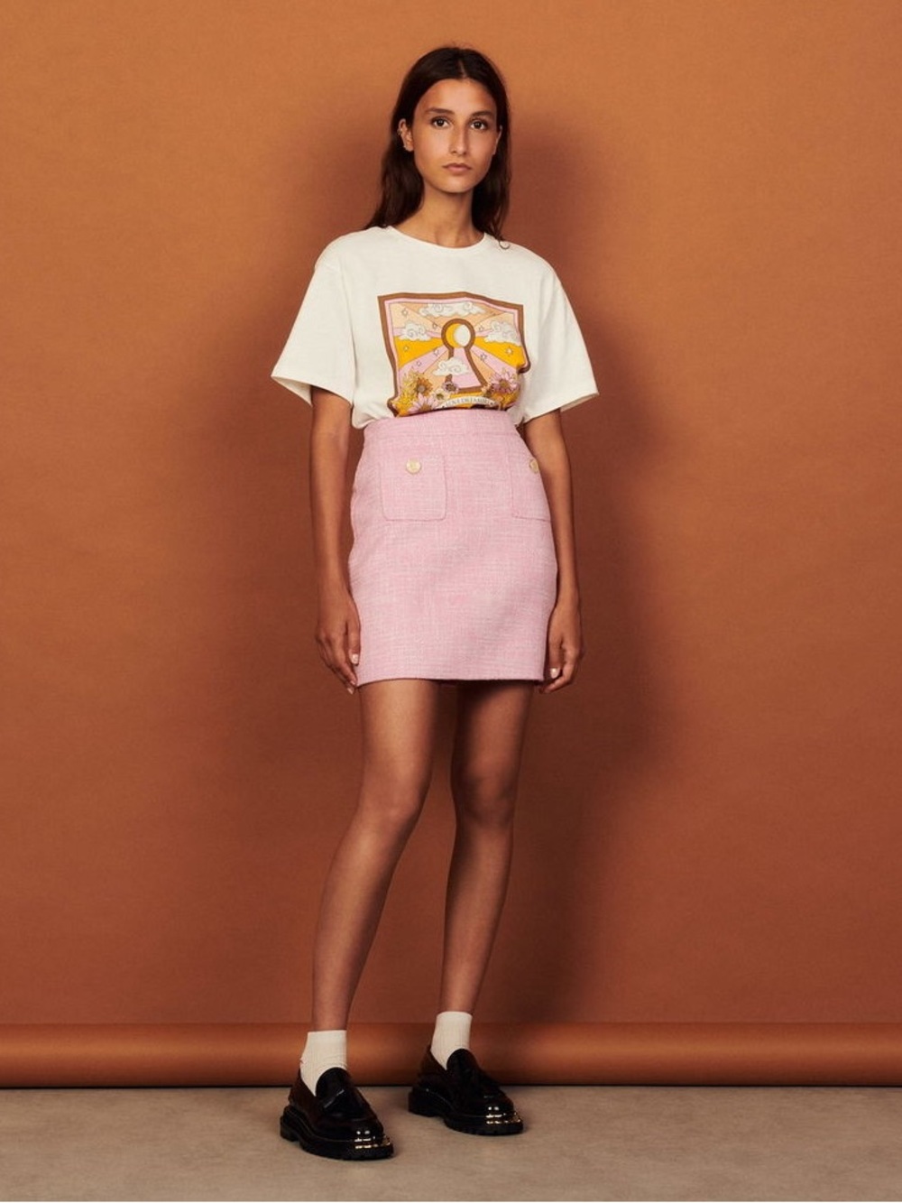 Sandro Pink Tweed Mini Skirt with Front Pockets